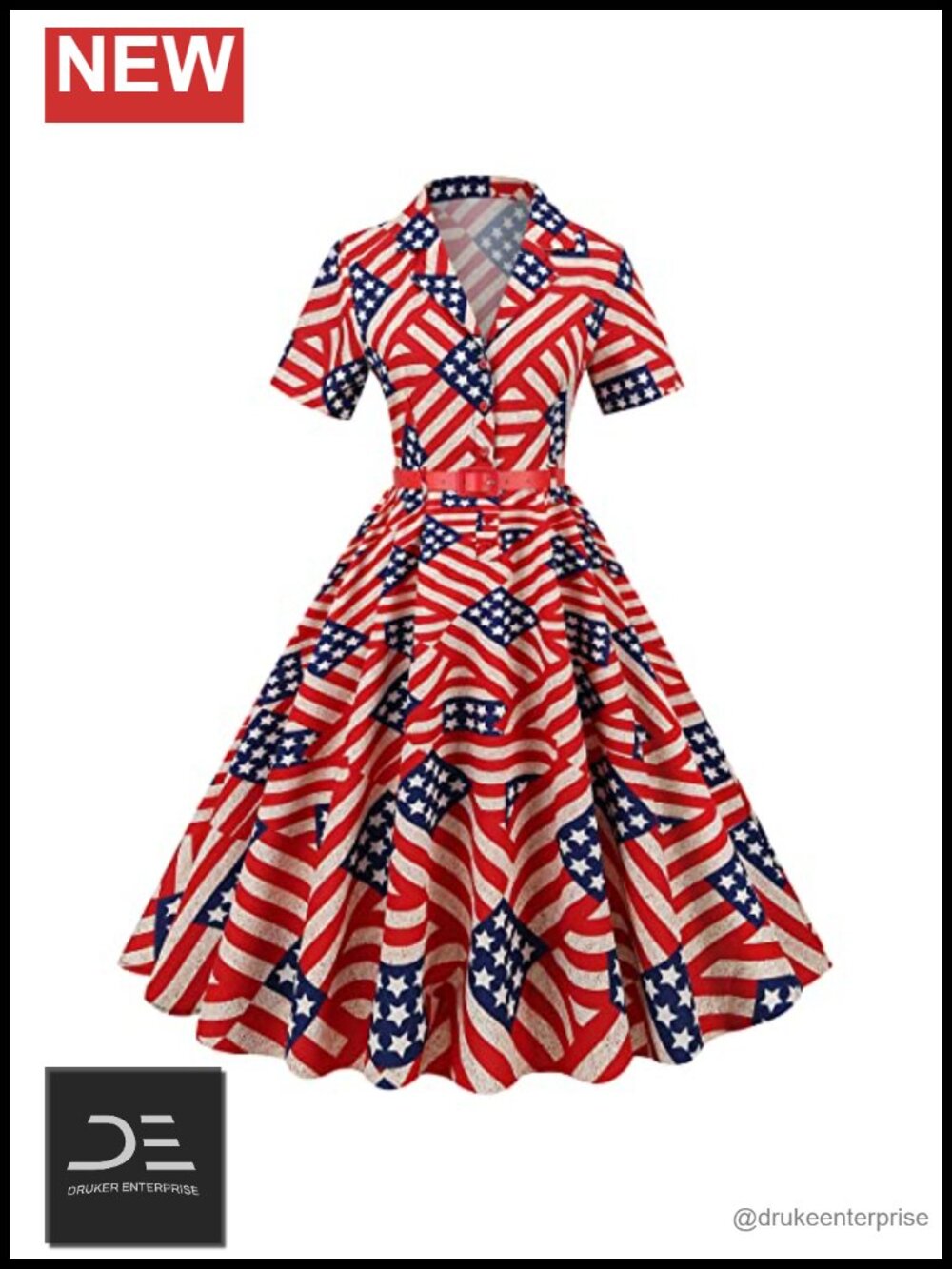 Vintage 1950s Rockabilly Swing Dress Notch Lapel V-Neck with Belt